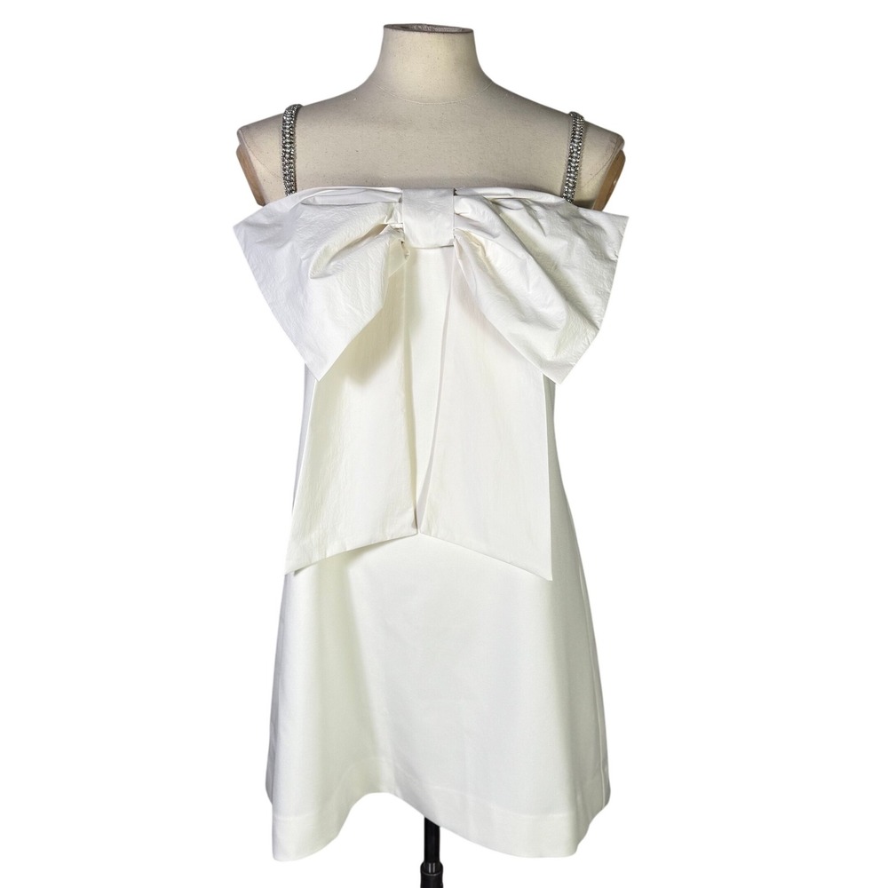 BHLDN White Bow Strap Dress Embellished Rhinestone Pearl Bridal XL - Flaws